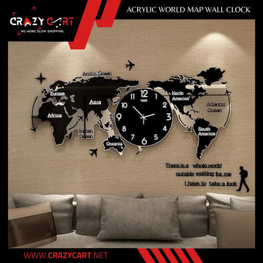 Acrylic World Map Wall Clock Black